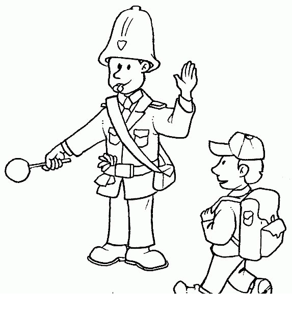 Coloring page policeman helps the boy cross the road